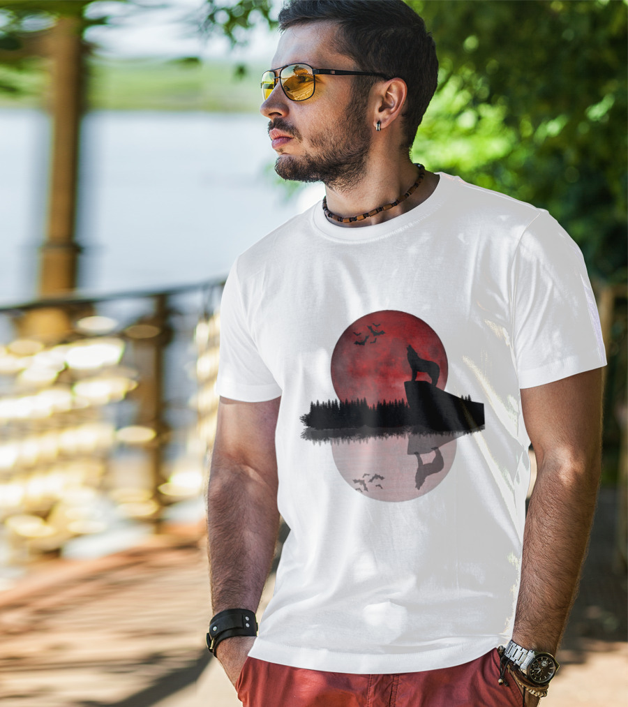 Wolf Howling At Blood Moon With Bats Silhouette And Starry Night Reflection T-Shirt