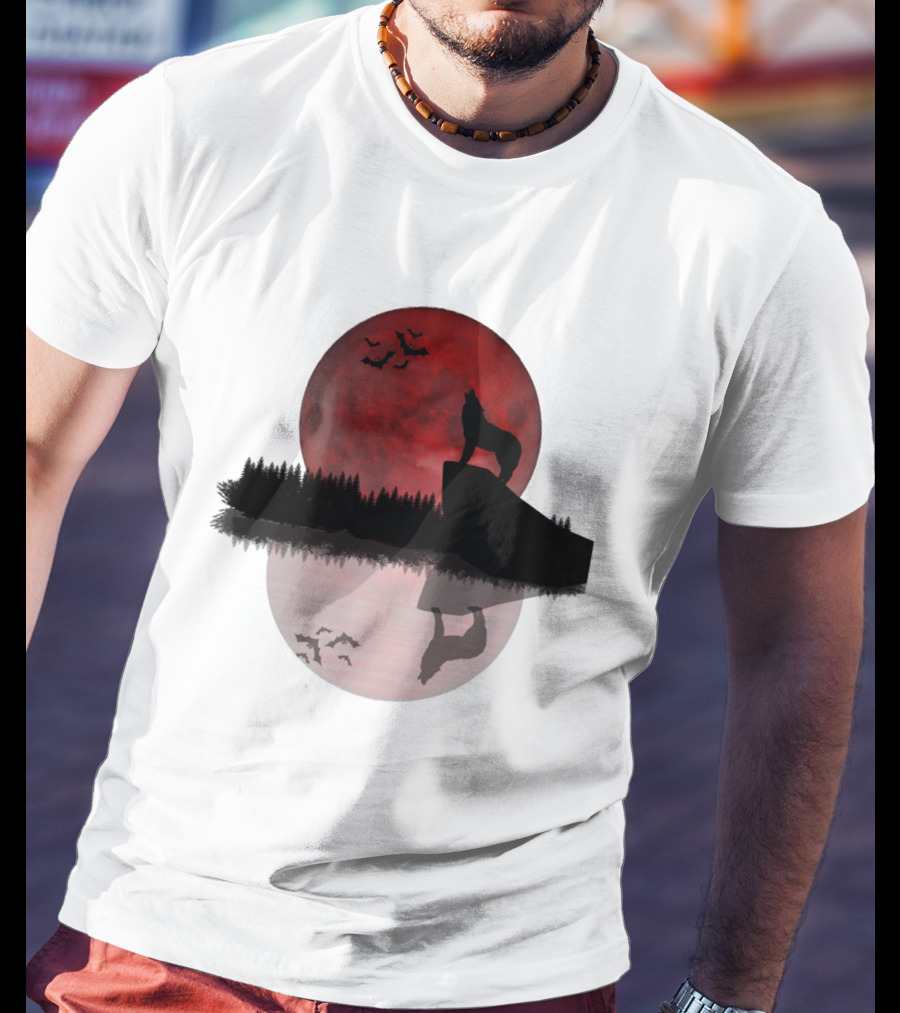 Wolf Howling At Blood Moon With Bats Silhouette And Starry Night Reflection T-Shirt