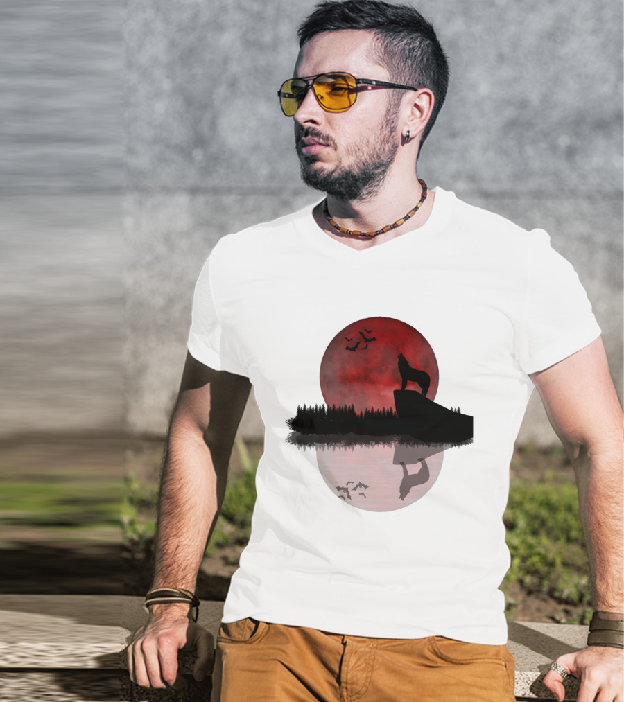 Wolf Howling At Blood Moon With Bats Silhouette And Starry Night Reflection T-Shirt