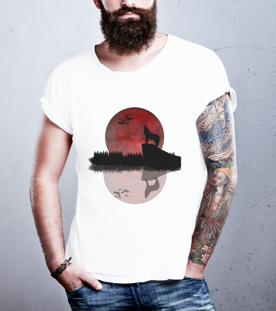 Wolf Howling At Blood Moon With Bats Silhouette And Starry Night Reflection T-Shirt