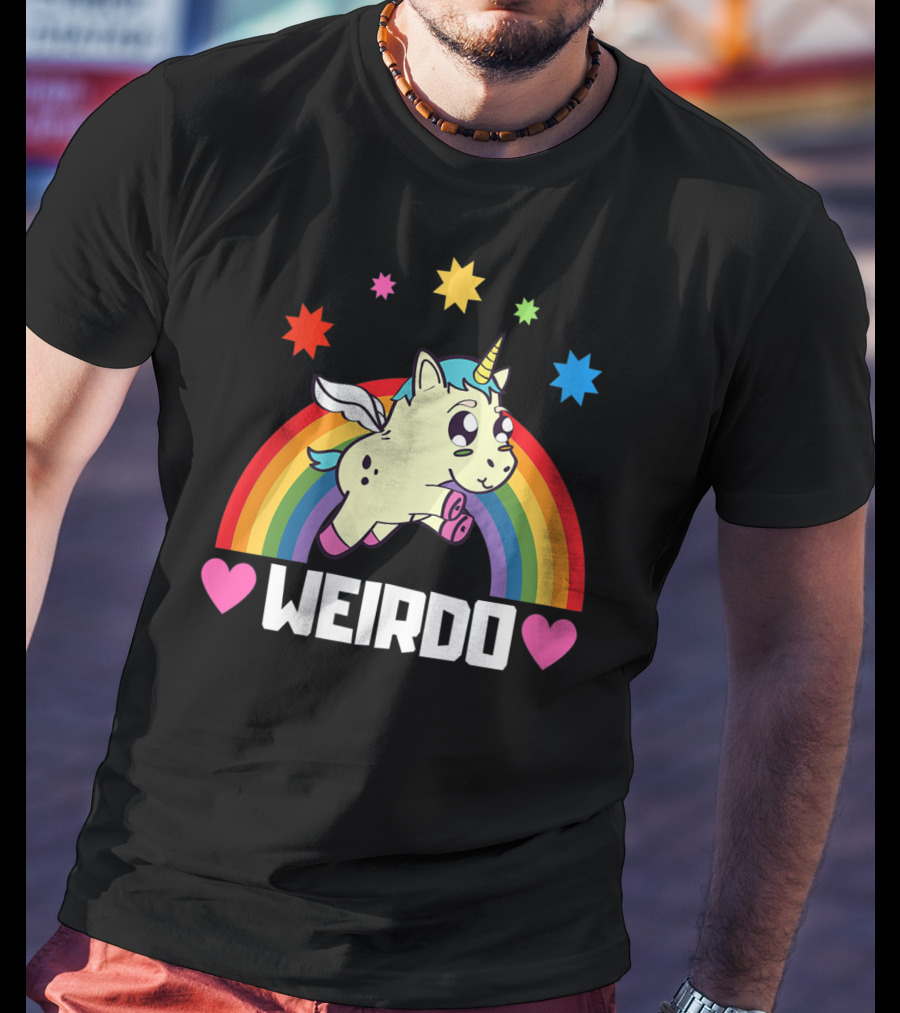 Weird Funny Weirdo Outcast Unicorn Rainbow Hearts Stars T-Shirt