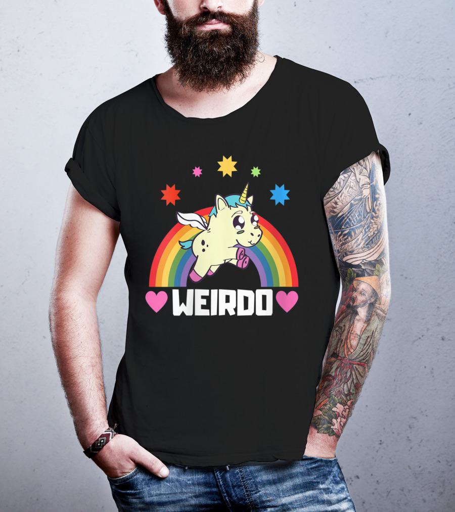 Weird Funny Weirdo Outcast Unicorn Rainbow Hearts Stars T-Shirt
