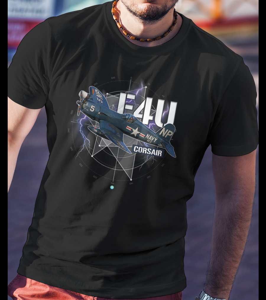 F4U Corsair Navy WWII Plane With Lightning Background T-Shirt