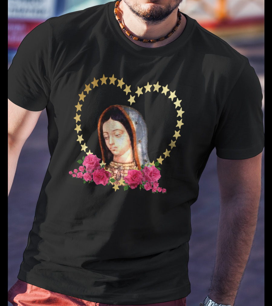 Our Lady Of Guadalupe Mexican Virgin Mary With Gold Stars And Roses T-Shirt