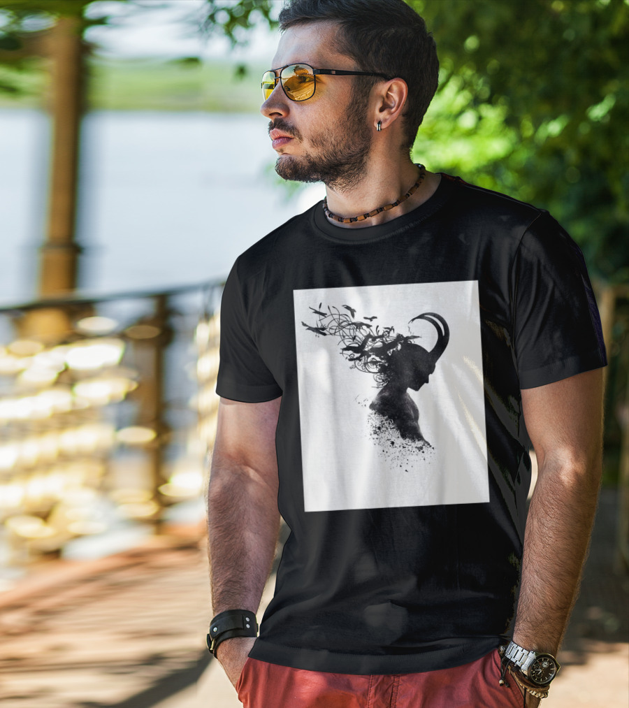 Loki Norse God Of Mischief Silhouette With Birds And Horns T-Shirt
