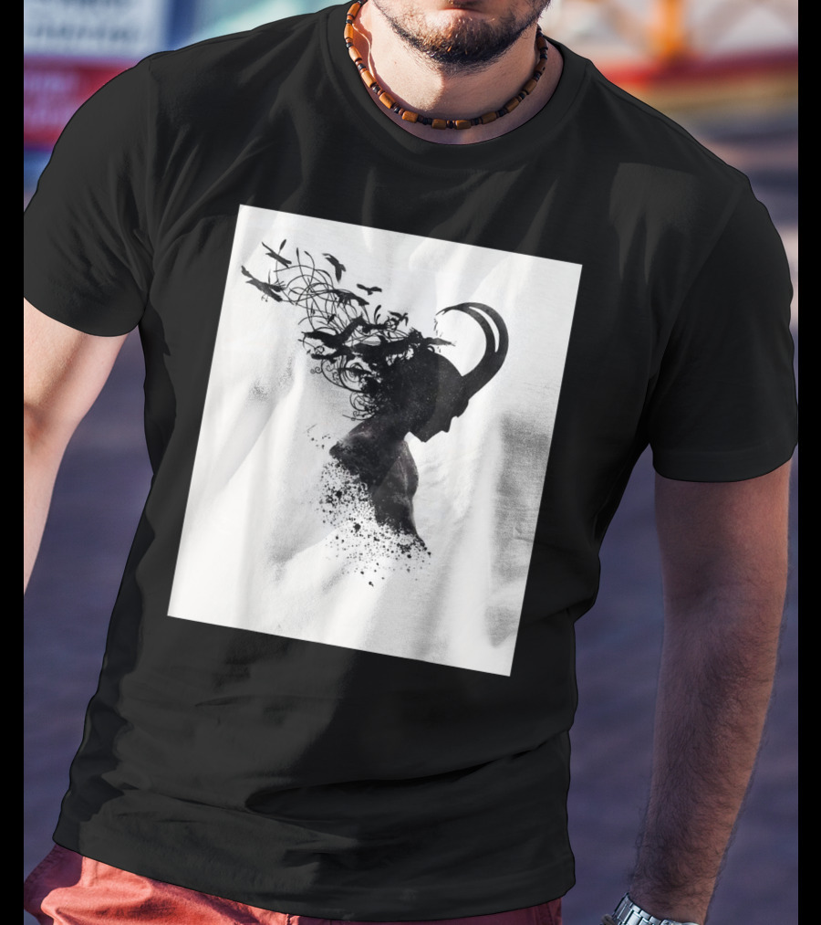 Loki Norse God Of Mischief Silhouette With Birds And Horns T-Shirt