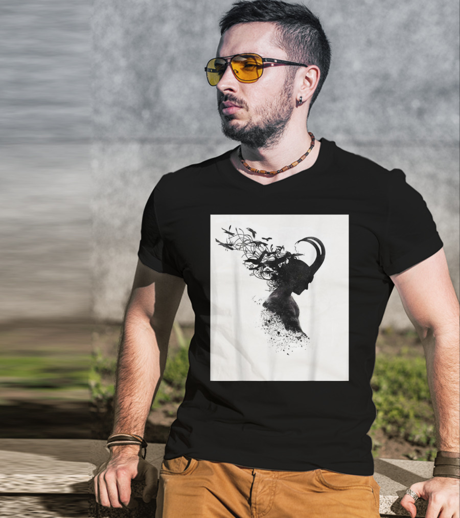 Loki Norse God Of Mischief Silhouette With Birds And Horns T-Shirt