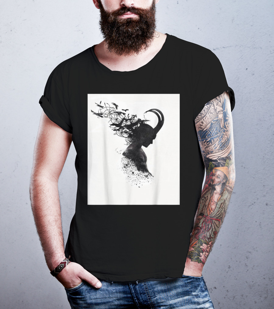 Loki Norse God Of Mischief Silhouette With Birds And Horns T-Shirt