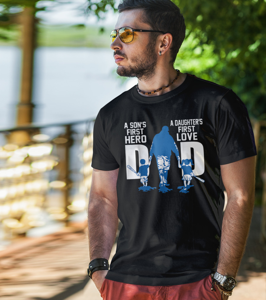 A Son's First Hero A Daughter's First Love Dad Baseball Bat Fatherhood Trio T-Shirt
