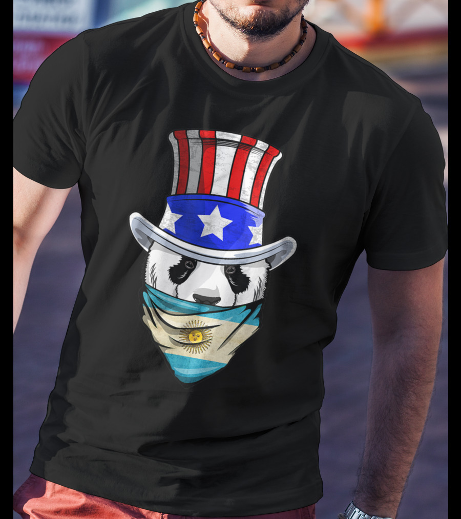 Argentinian Panda Bear In Argentina Bandana Flag With Uncle Sam Hat T-Shirt
