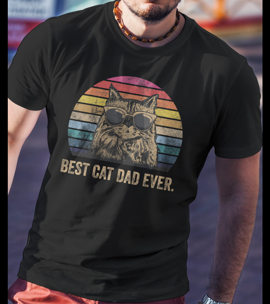 Best Cat Dad Ever Vintage Retro Stripes Sunglasses T-Shirt