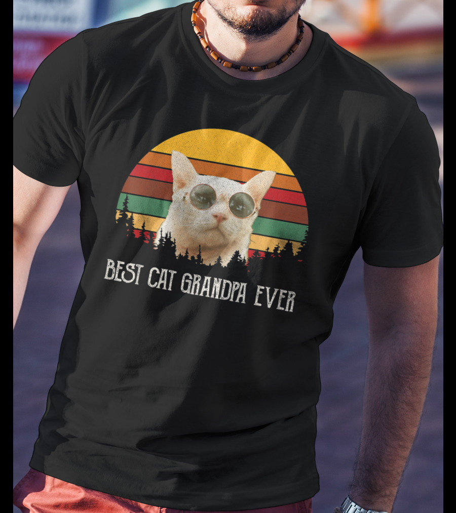 Best Cat Grandpa Ever Retro Cat With Sunglasses And Trees Vintage Sunset T-Shirt