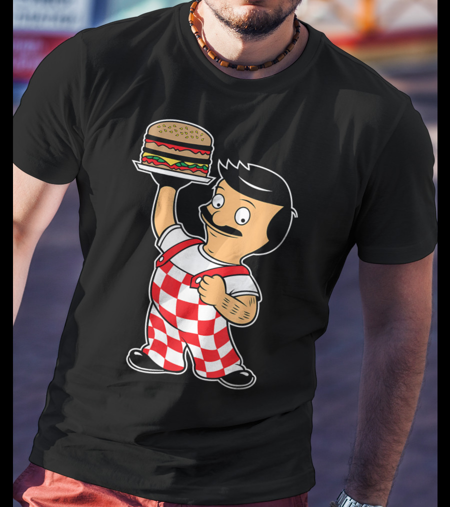 Big Bob Checkered Overalls Burger Mascot T-Shirt