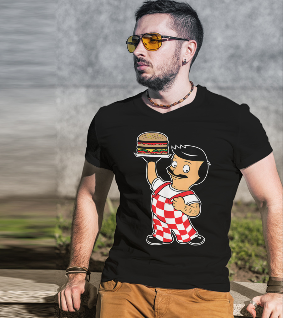 Big Bob Checkered Overalls Burger Mascot T-Shirt
