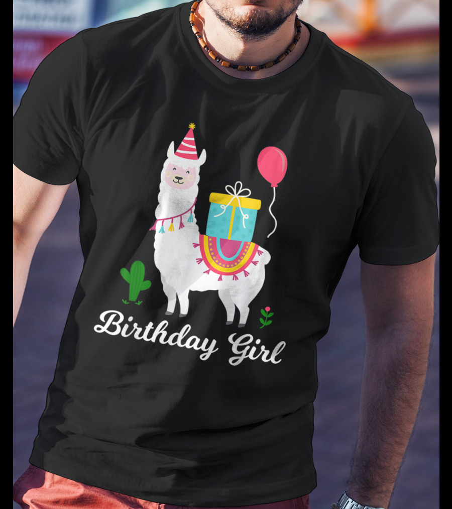 Birthday Girl Cute Alpaca Llama Cactus Balloon Party T-Shirt
