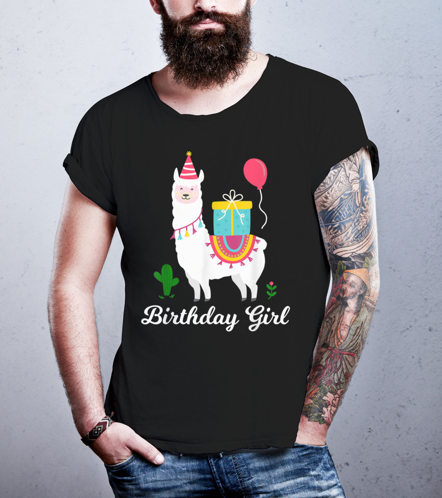 Birthday Girl Cute Alpaca Llama Cactus Balloon Party T-Shirt