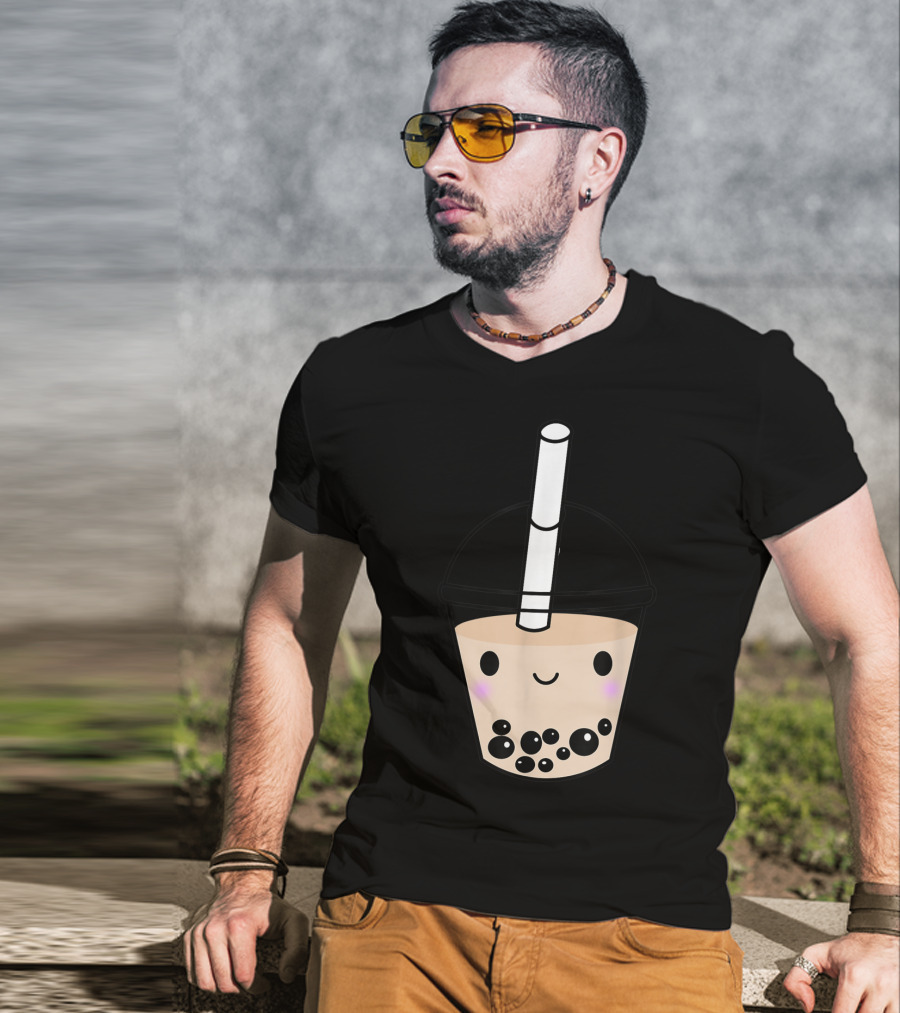 Cute Kawaii Boba Milk Tea Lover With Smiling Bubble Face T-Shirt