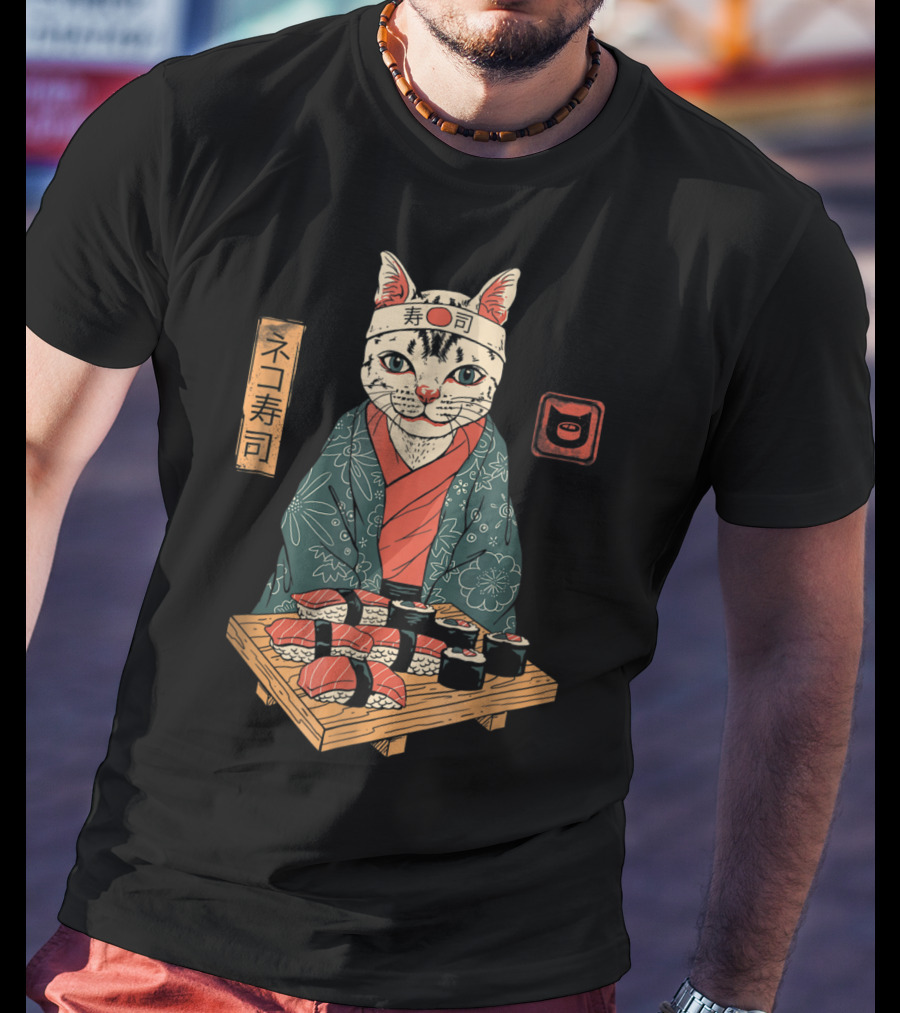 Neko Sushi Cat Chef In Kimono With Sushi Platter T-Shirt