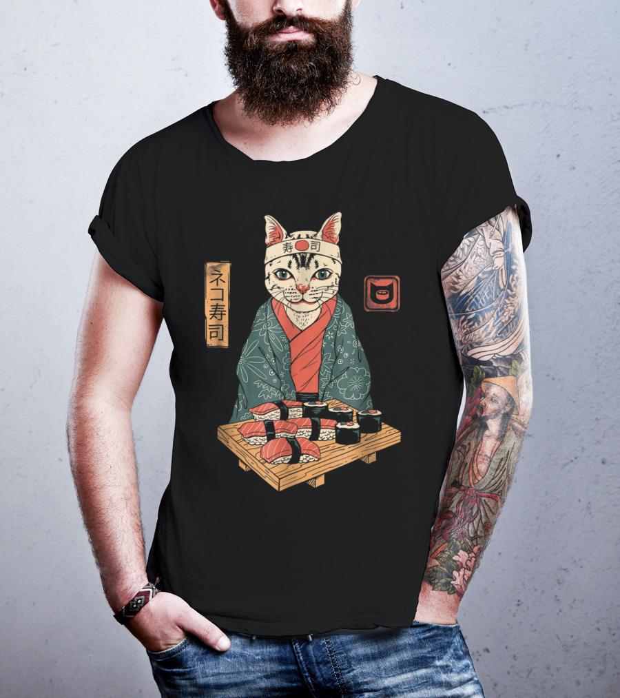 Neko Sushi Cat Chef In Kimono With Sushi Platter T-Shirt