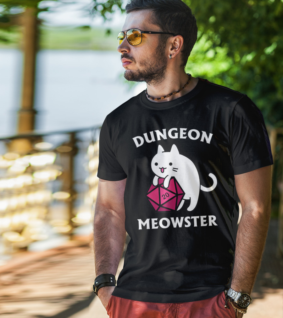 Dungeon Meowster Cat Hugging D20 Dice For Funny DnD Tabletop Gamer T-Shirt
