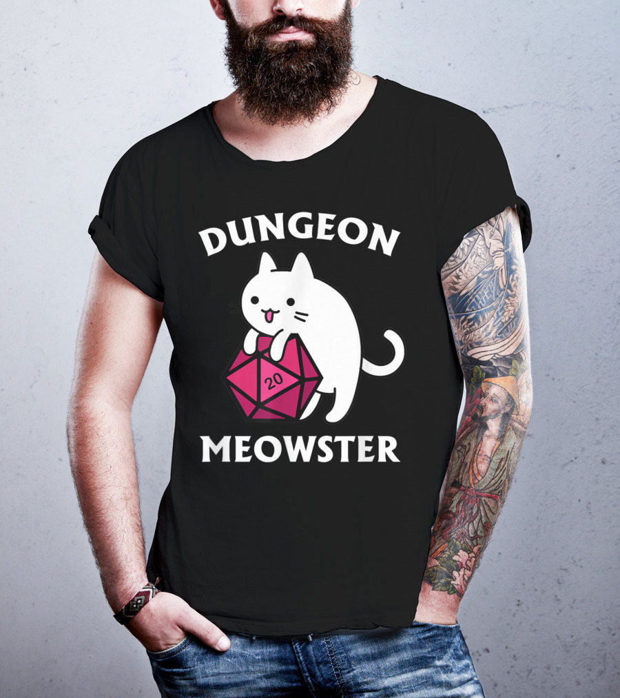 Dungeon Meowster Cat Hugging D20 Dice For Funny DnD Tabletop Gamer T-Shirt
