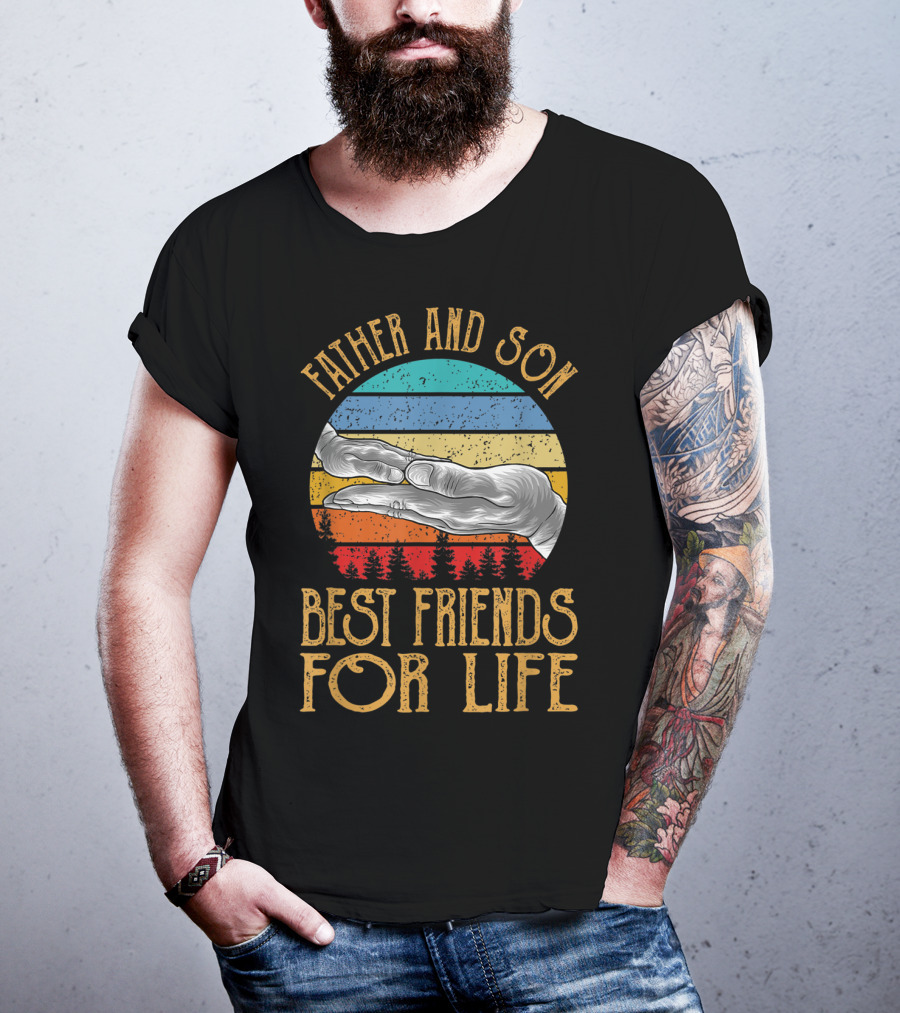 Father And Son Best Friends For Life Vintage Hands Retro Stripes T-Shirt