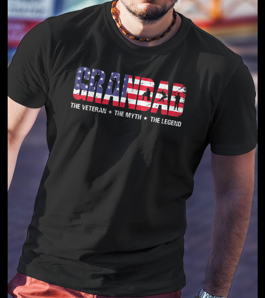 Fathers Day Grandad The Veteran The Myth The Legend Patriotic American Flag T-Shirt