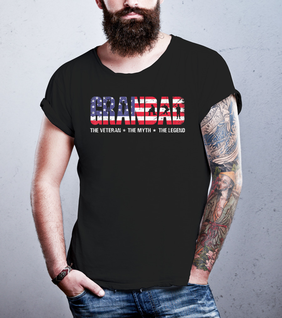 Fathers Day Grandad The Veteran The Myth The Legend Patriotic American Flag T-Shirt