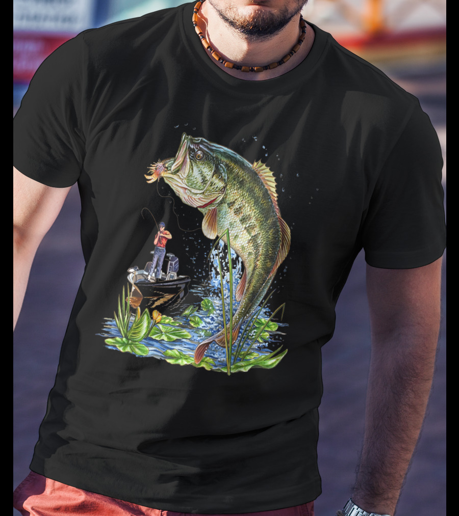 Fishing Large Mouth Bass Catching Scene With Angler And Boat T-Shirt