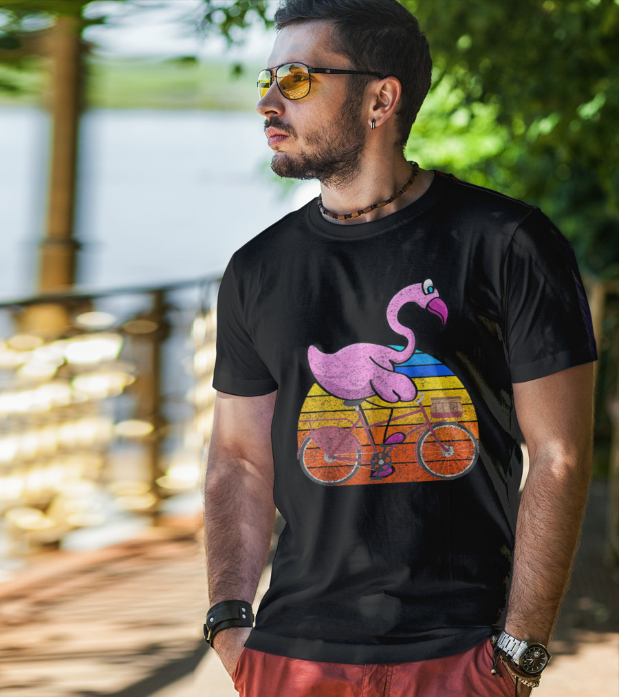 Flamingo Riding Bicycle Funny Retro Sunset T-Shirt