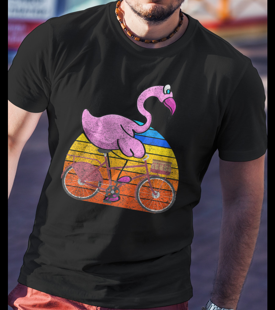 Flamingo Riding Bicycle Funny Retro Sunset T-Shirt