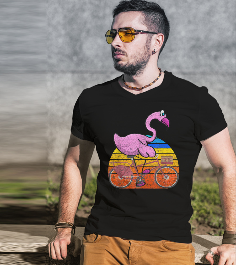 Flamingo Riding Bicycle Funny Retro Sunset T-Shirt