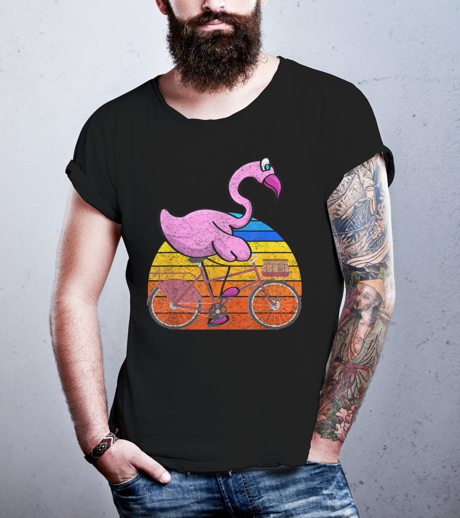 Flamingo Riding Bicycle Funny Retro Sunset T-Shirt