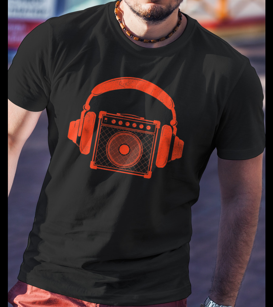 Red Headphones Over Speakerbox Music Lovers Novelty T-Shirt