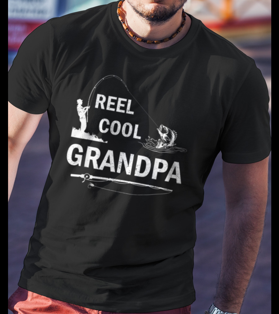 Reel Cool Grandpa Fishing Silhouette With Rod And Fish T-Shirt