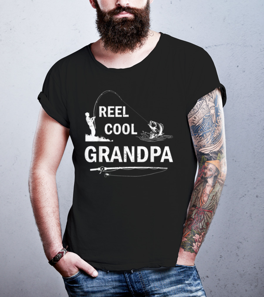 Reel Cool Grandpa Fishing Silhouette With Rod And Fish T-Shirt
