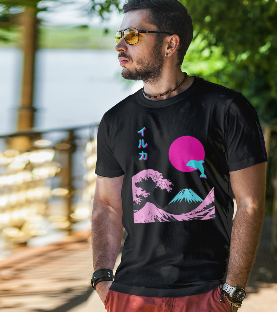 Retro Aesthetic Iruka Dolphin With Japanese Writing And Mount Fuji In Neon Colors T-Shirt