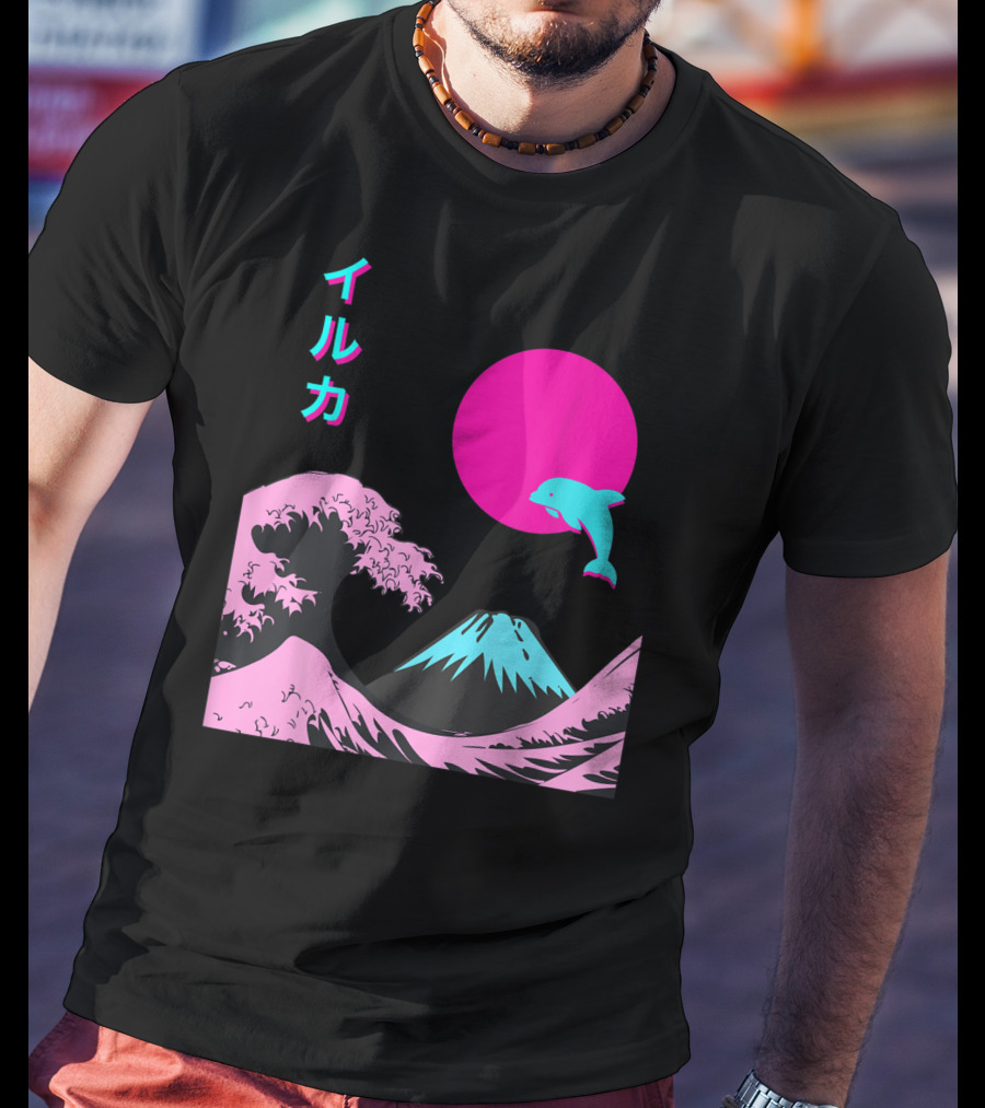 Retro Aesthetic Iruka Dolphin With Japanese Writing And Mount Fuji In Neon Colors T-Shirt