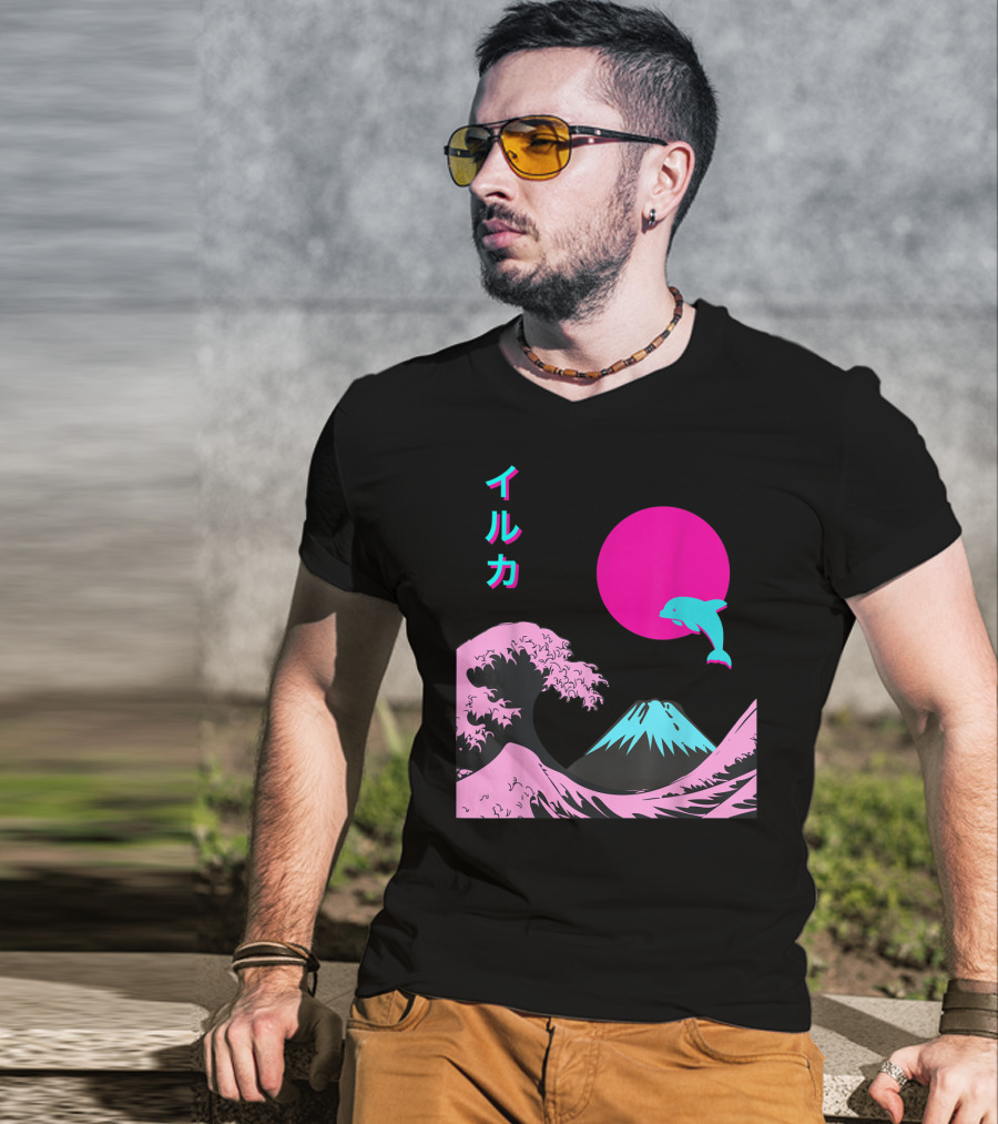 Retro Aesthetic Iruka Dolphin With Japanese Writing And Mount Fuji In Neon Colors T-Shirt