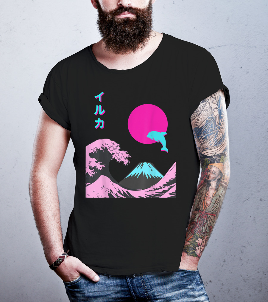 Retro Aesthetic Iruka Dolphin With Japanese Writing And Mount Fuji In Neon Colors T-Shirt