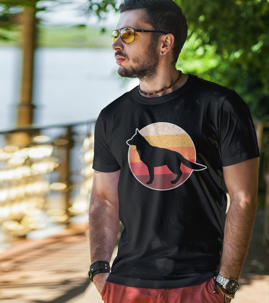 Vintage German Shepherd Silhouette With Retro Sunset Stripes T-Shirt