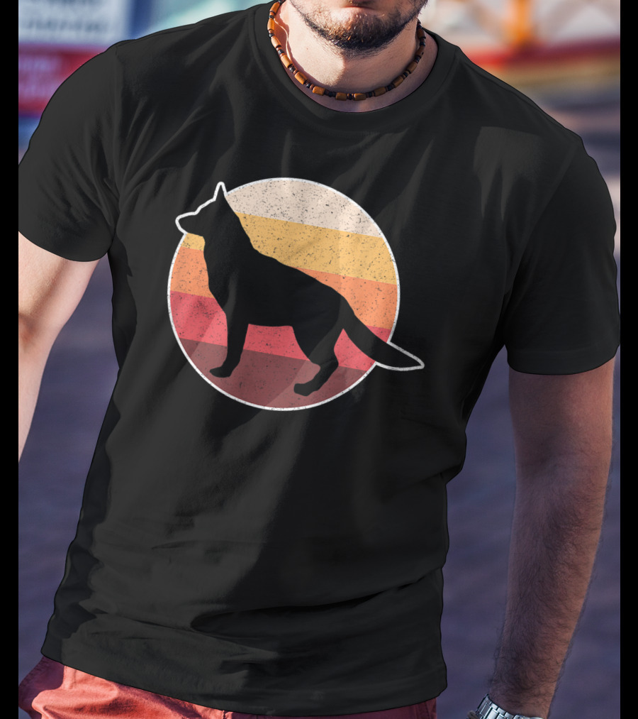 Vintage German Shepherd Silhouette With Retro Sunset Stripes T-Shirt