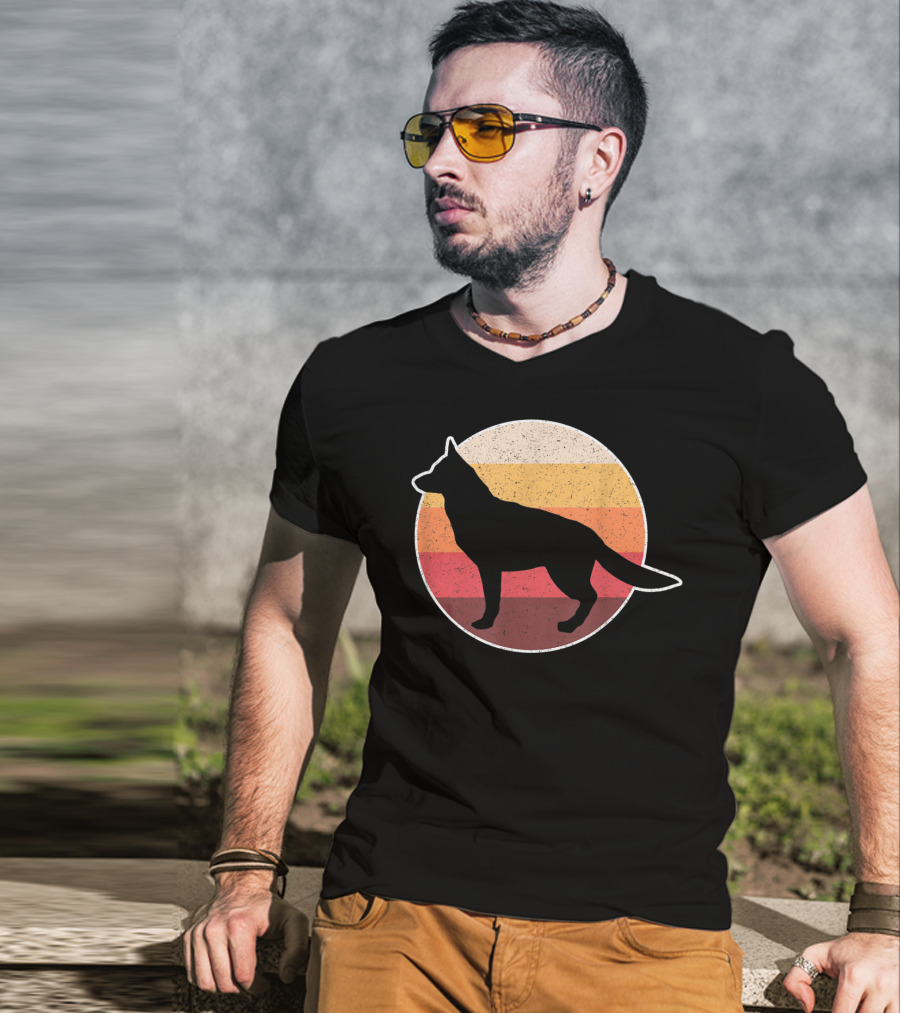 Vintage German Shepherd Silhouette With Retro Sunset Stripes T-Shirt