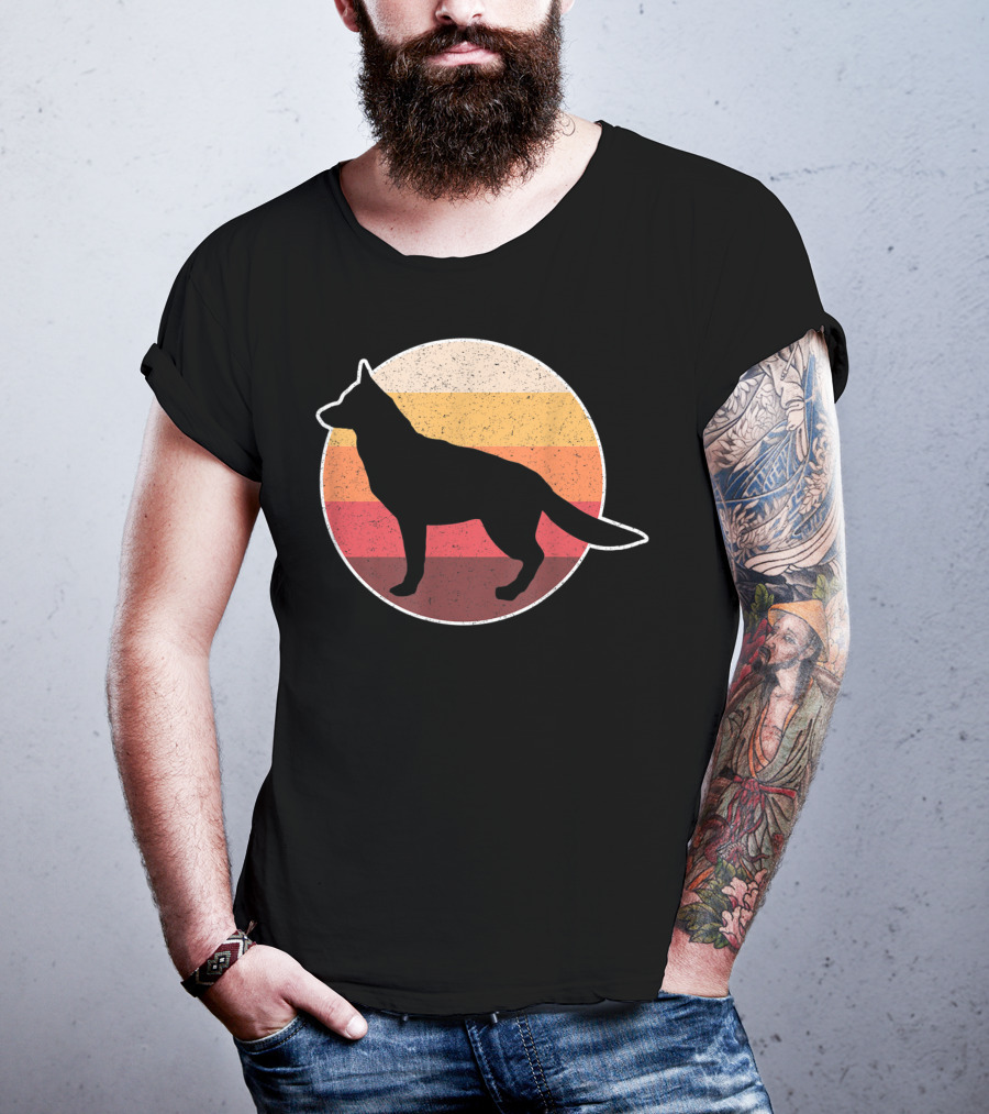 Vintage German Shepherd Silhouette With Retro Sunset Stripes T-Shirt