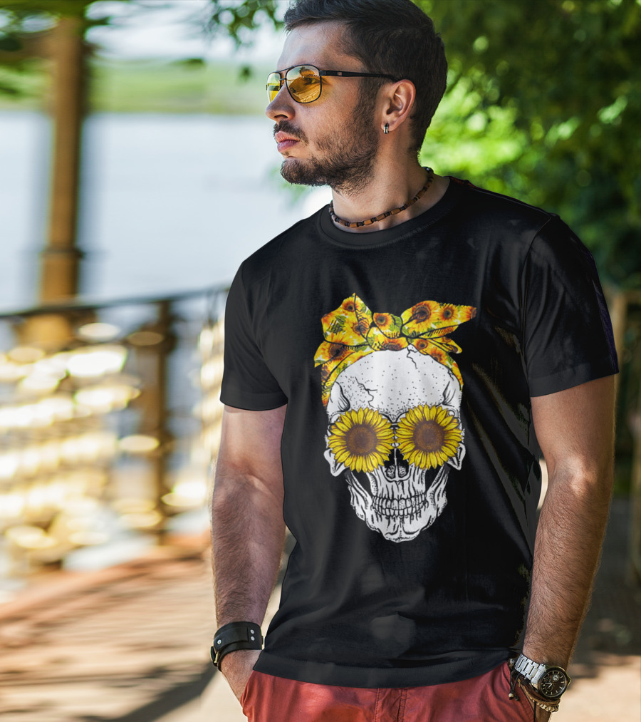 Skull With Sunflower Glasses And Floral Headband T-Shirt