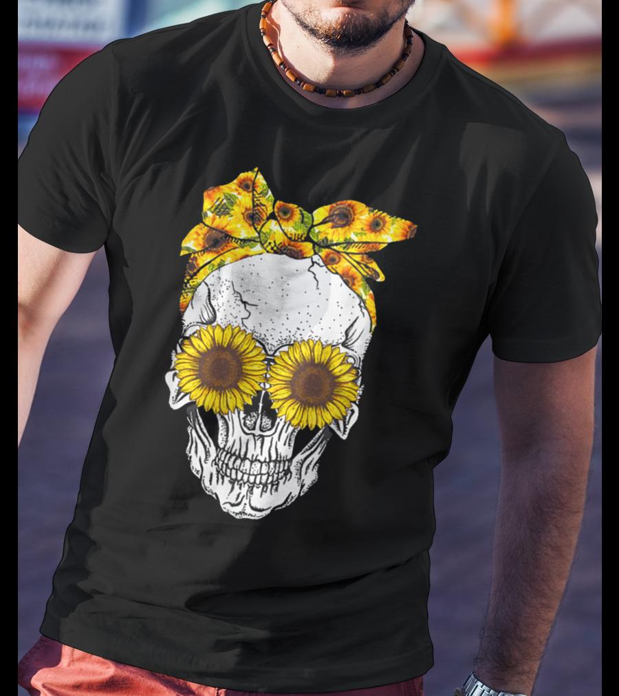 Skull With Sunflower Glasses And Floral Headband T-Shirt
