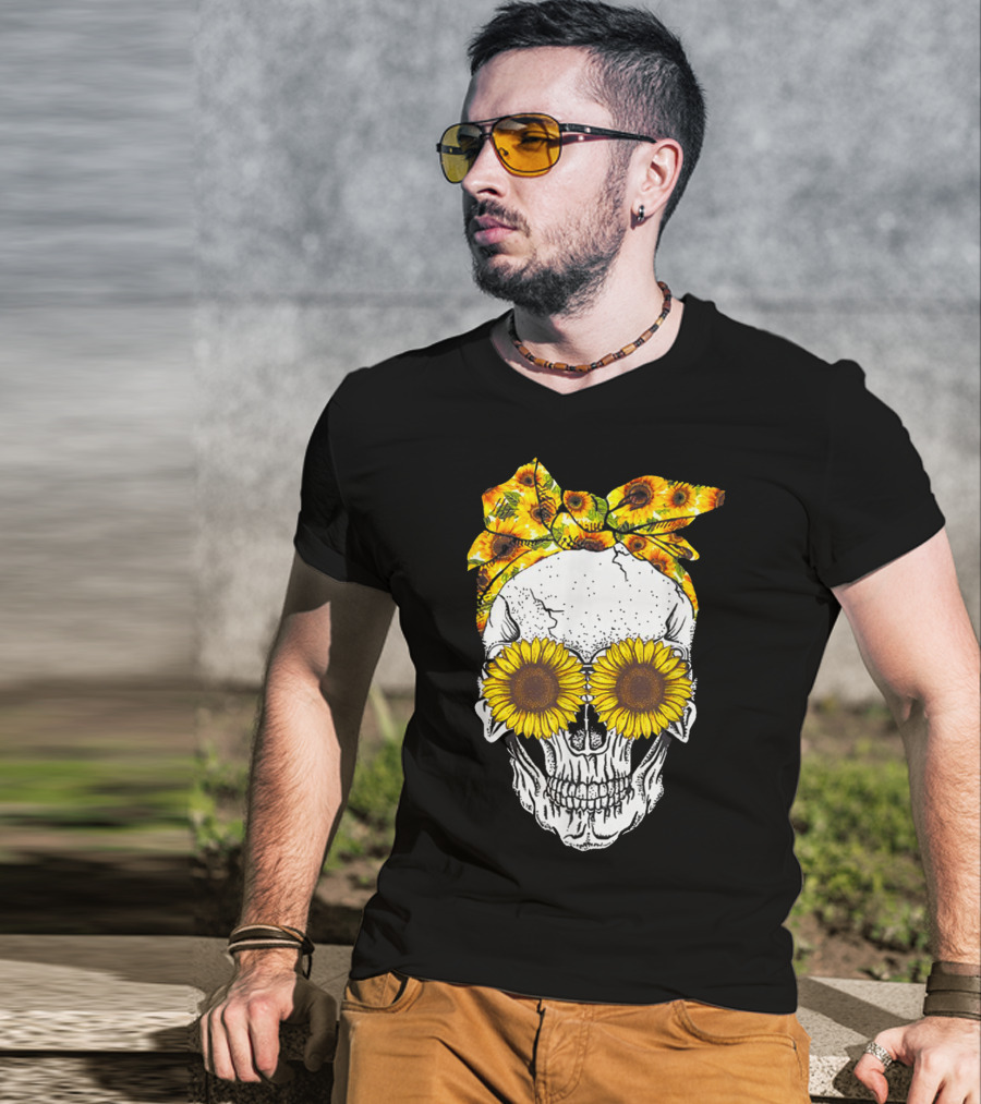 Skull With Sunflower Glasses And Floral Headband T-Shirt