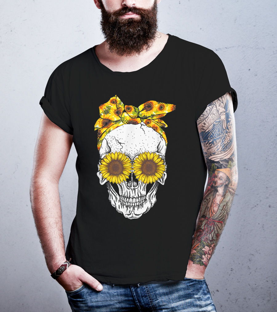 Skull With Sunflower Glasses And Floral Headband T-Shirt