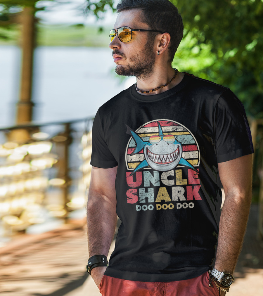 Uncle Shark Doo Doo Doo Retro Vintage Striped Smile T-Shirt