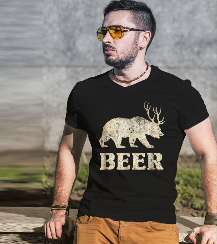Vintage Bear Deer Beer Funny Retro Mashup T-Shirt